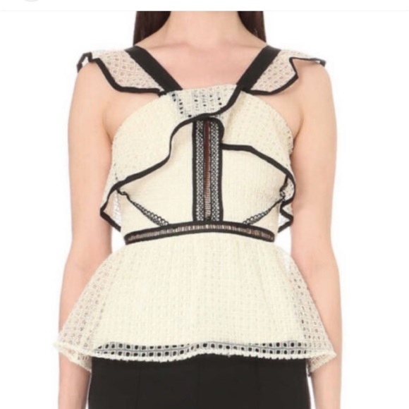 Self-Portrait Tops - SELF-PORTRAIT
Contrast Trim Geometric Guipure Lace Peplum Top  Size 6